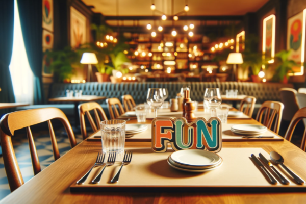 A table at a restaurant with the word fun sitting on it